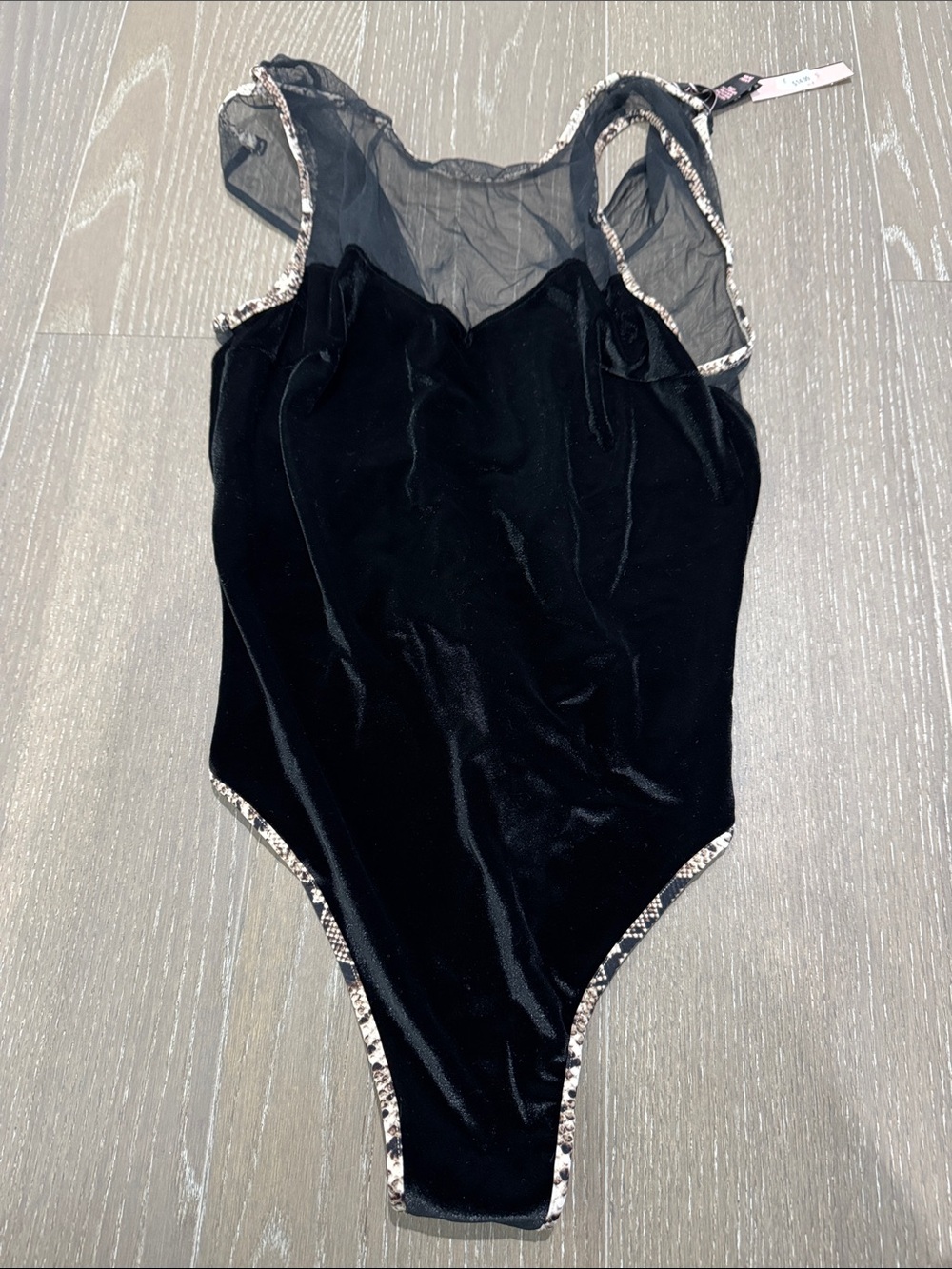 Victoria's Secret Black Velvet & Sheer Mesh Bodysuit with Animal-Print Trim